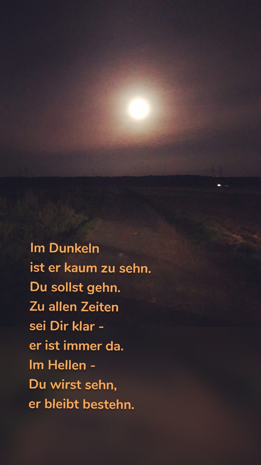 Im Dunkeln
ist er kaum zu sehn.
Du sollst gehn.
Zu allen Zeiten
sei Dir klar -
er ist immer da.
Im Hellen -
Du wirst sehn,
er bleibt bestehn.